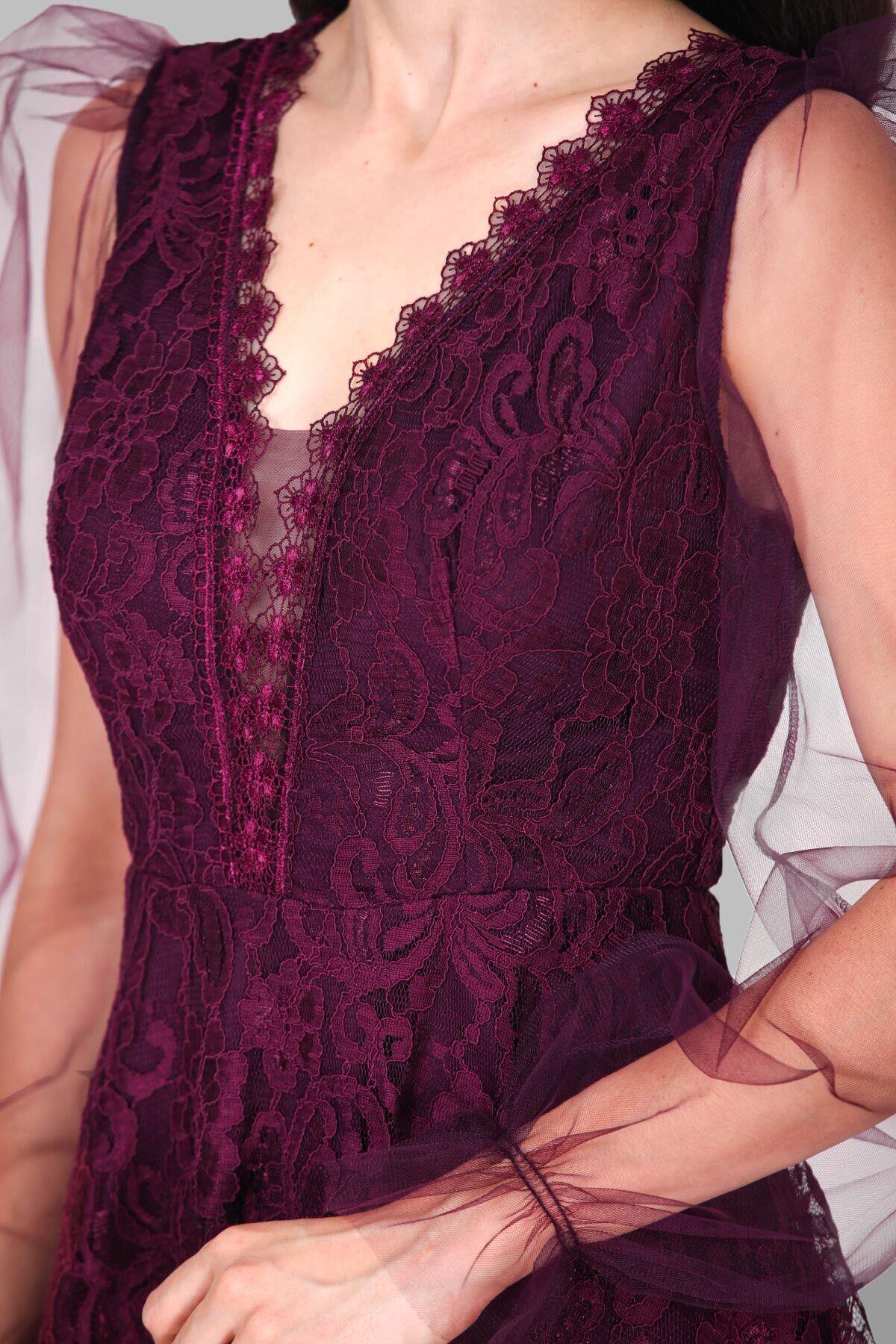 Kadın Dantelli Abiye Elbise  Mürdüm