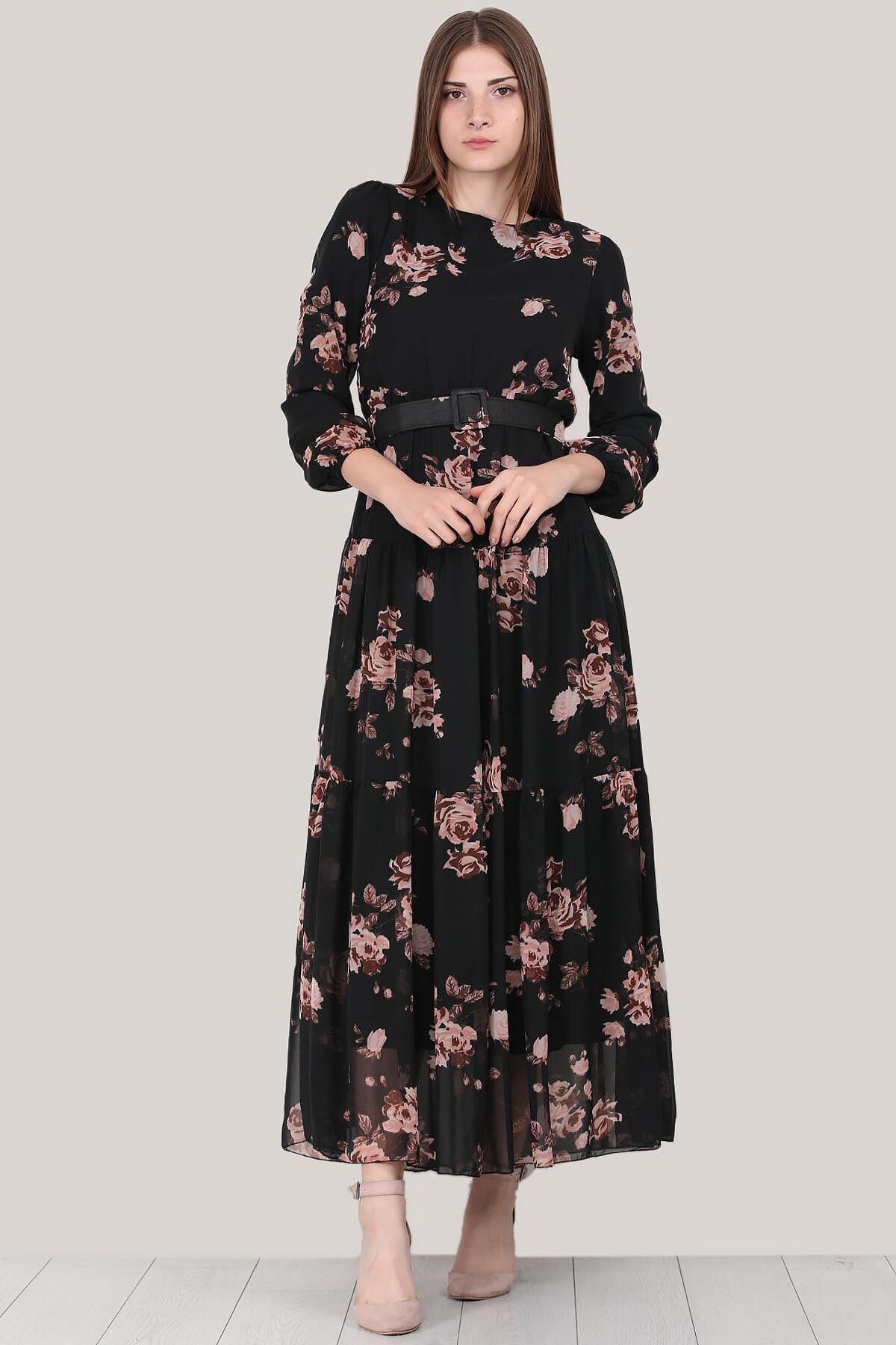 Langes Kleid in mit Gürtel Rosendetails - NELB0007D4515DS2