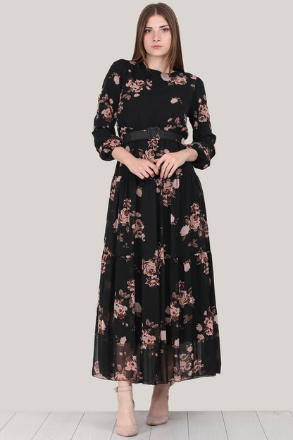 Langes Kleid in mit Gürtel Rosendetails - NELB0007D4515DS2