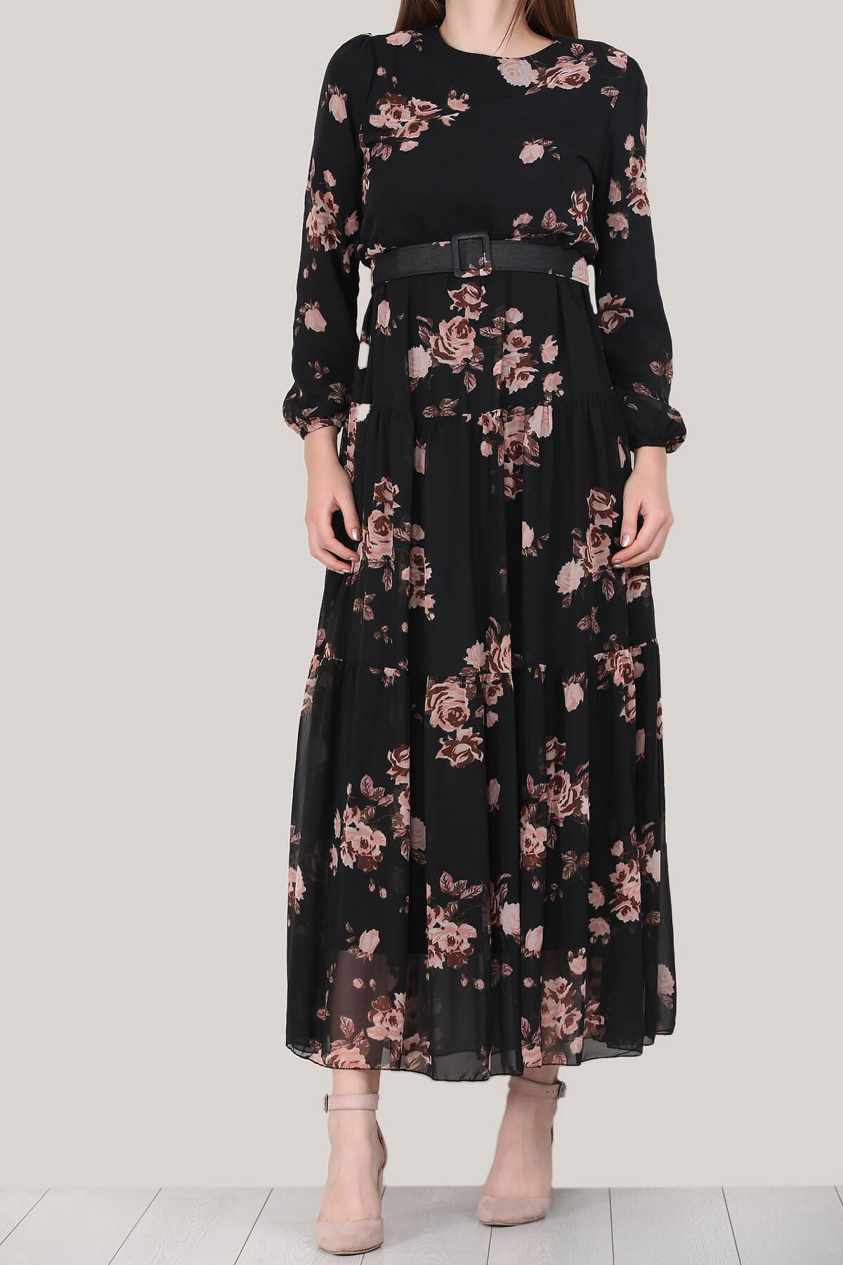 Langes Kleid in mit Gürtel Rosendetails - NELB0007D4515DS2