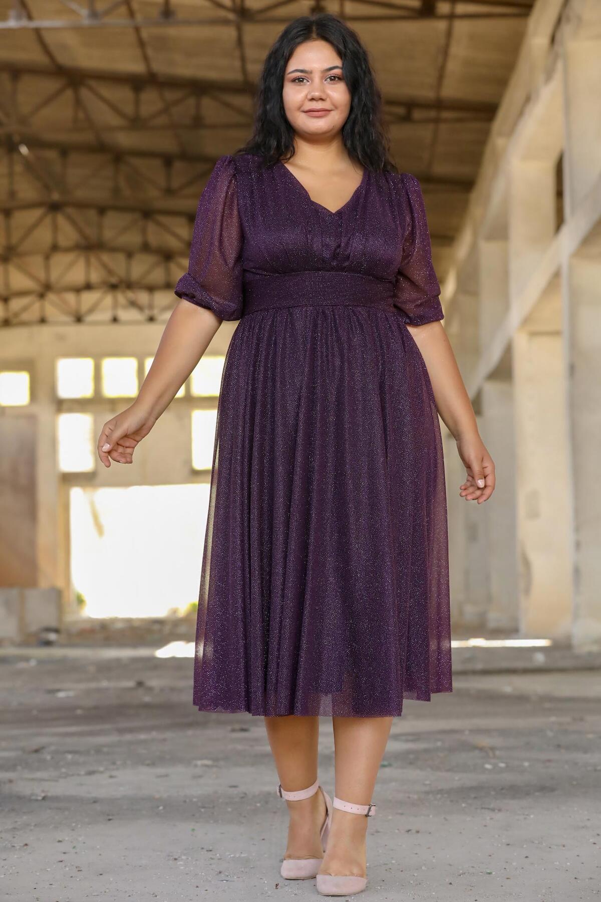 Abendkleid In Großen Größen Mit Plissierter Taille — Dunkelviolett