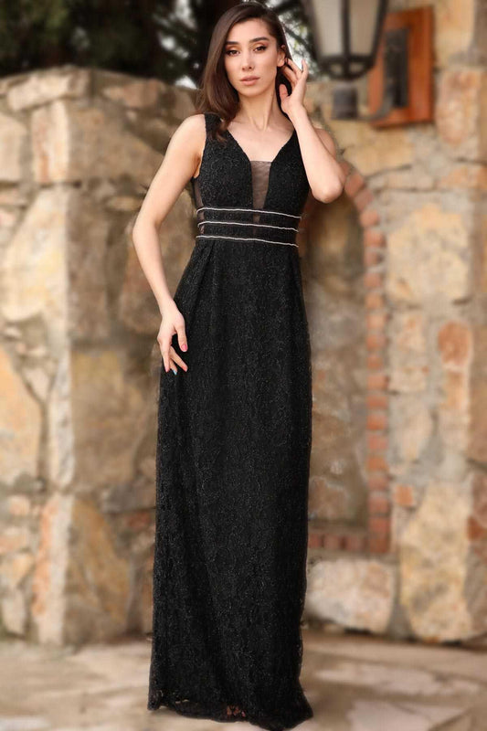Schwarzes Spitzen - Abendkleid Mit Steinbesetztem Taillenband