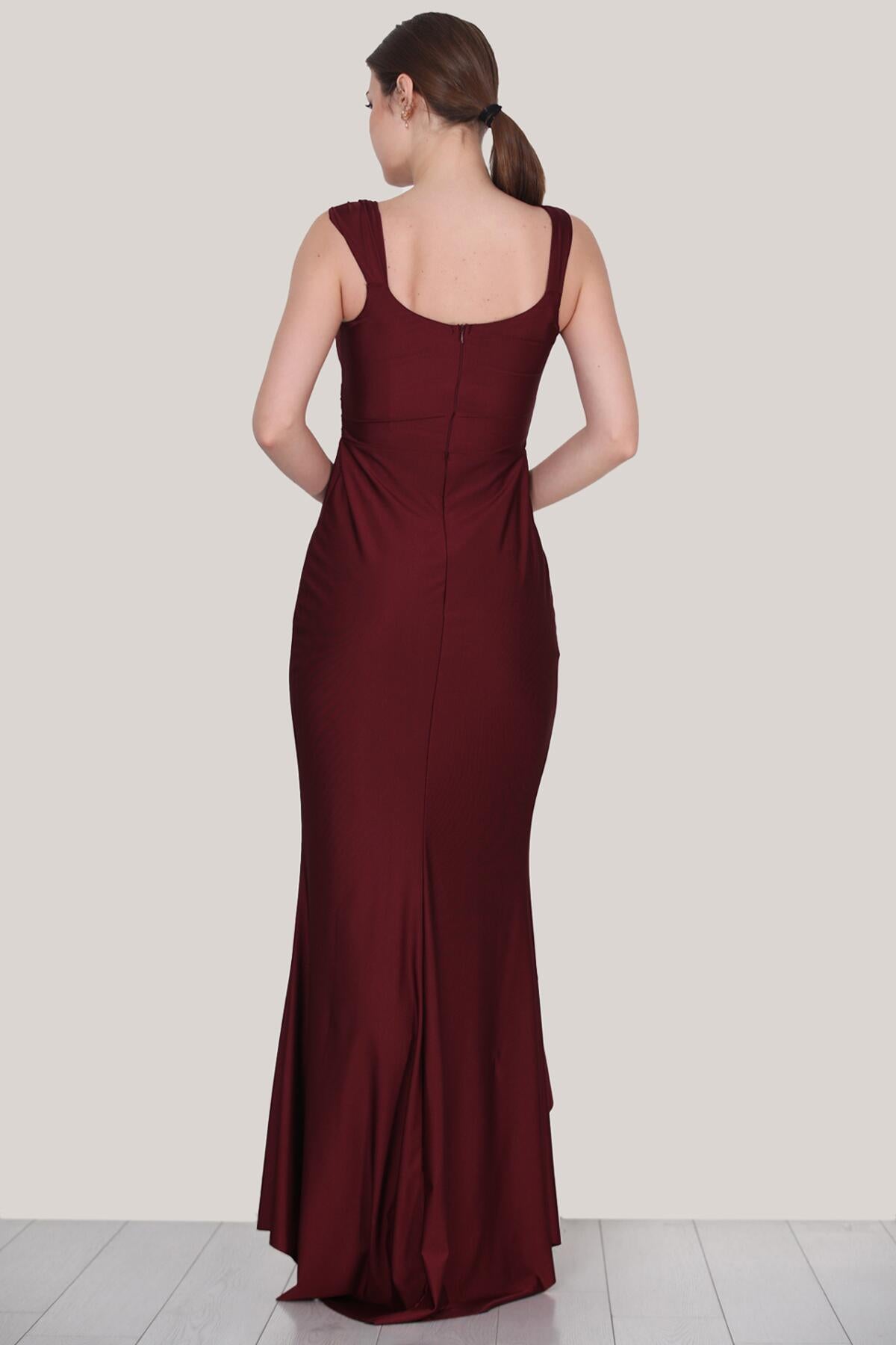 Kadın Saten Abiye Elbise  Bordo