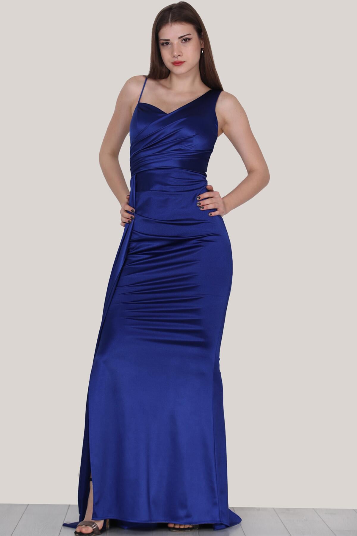 Kadın Saten Abiye Elbise  Saks