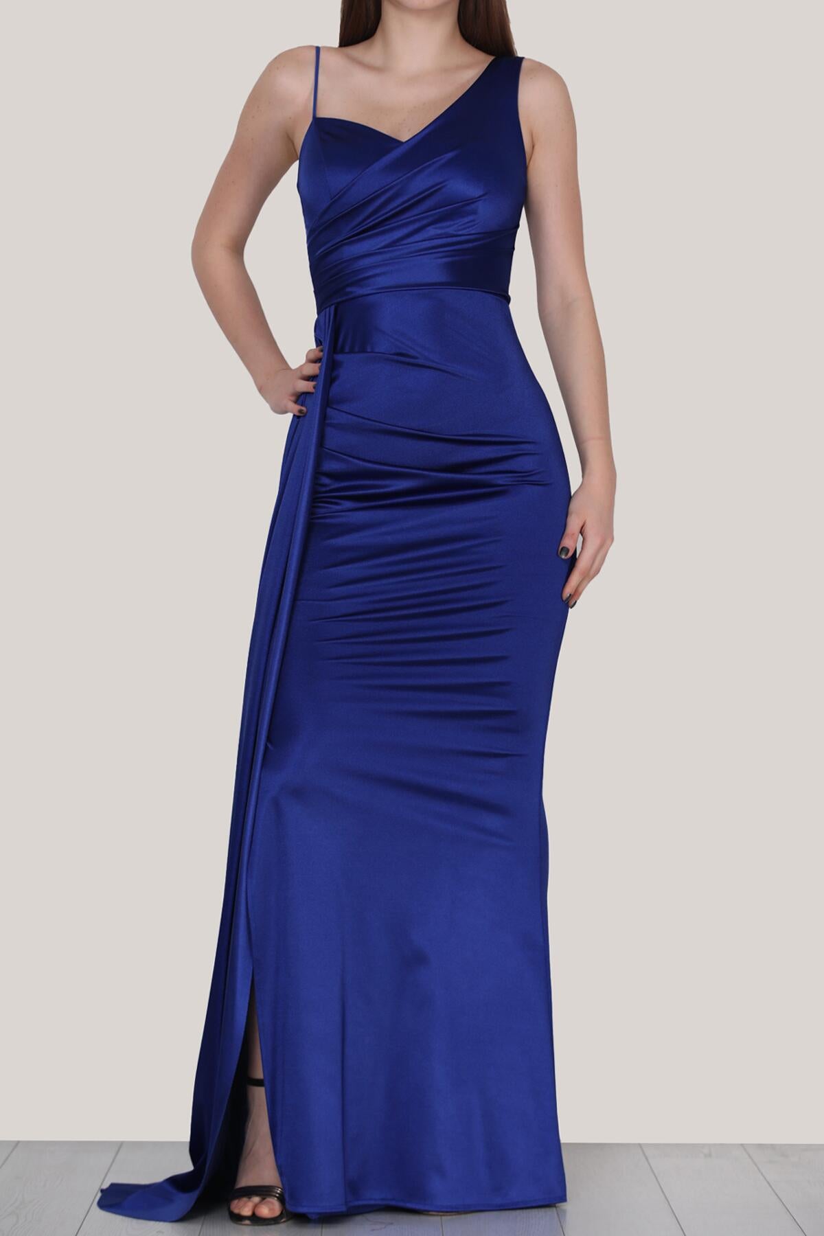 Kadın Saten Abiye Elbise  Saks