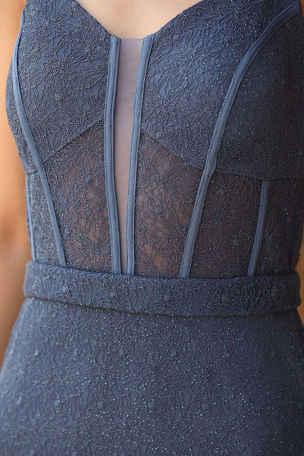 Dames Mouwloze Kanten Galajurk Met Glans — Indigo