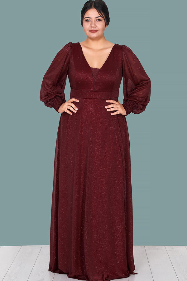 Plus - Size Long Glitter Evening Dress — Burgundy