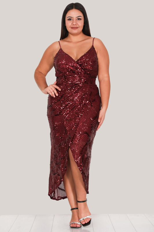 Burgundy Sequin Plus - Size Midi Evening Dress