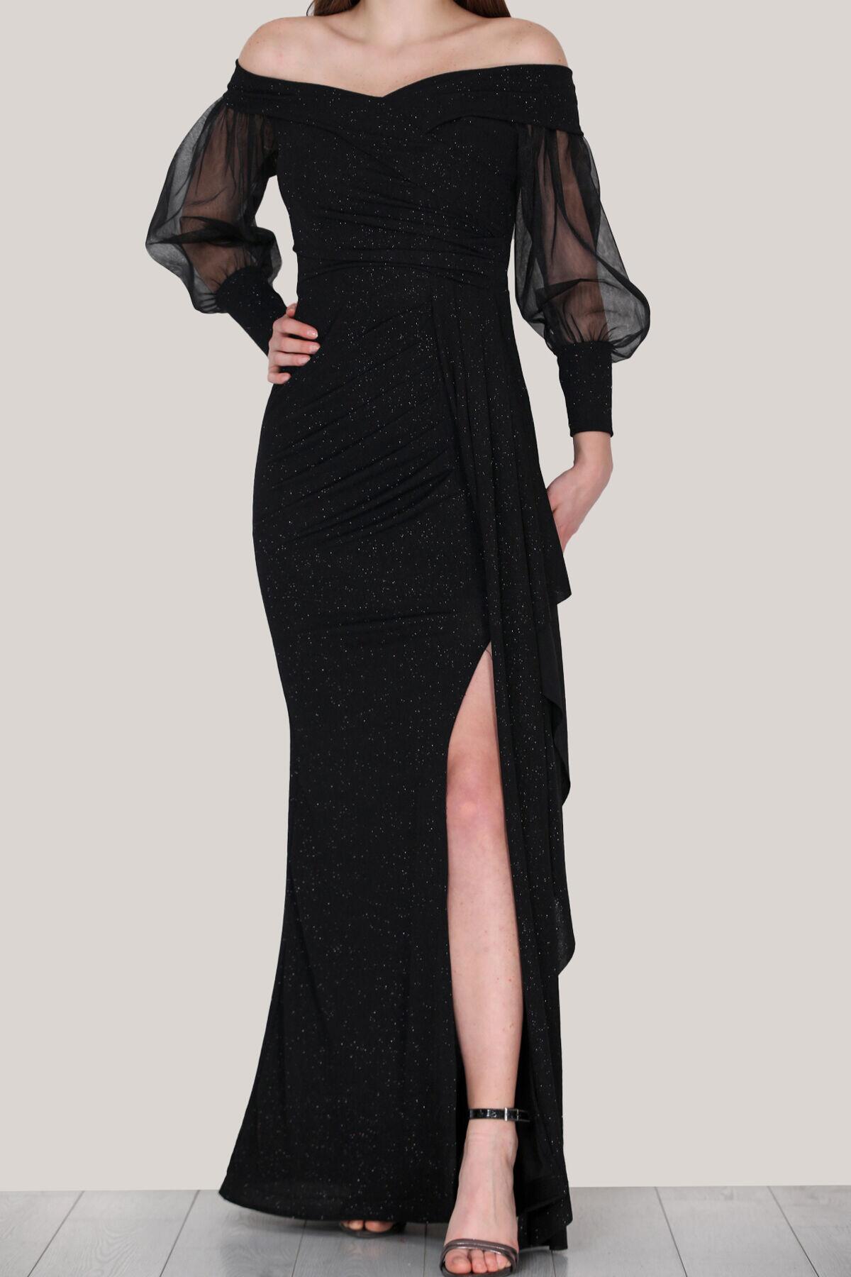 Kadın Simli Abiye Elbise  Siyah