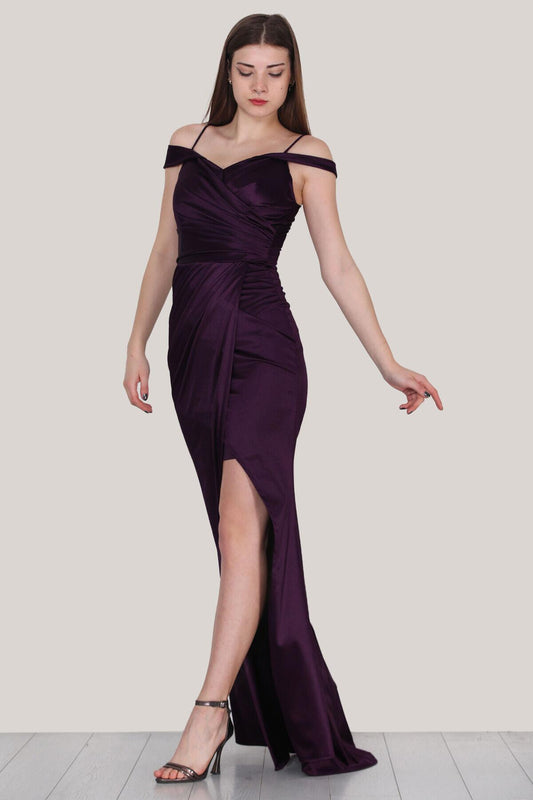 Kadın Saten Abiye Elbise  Mor