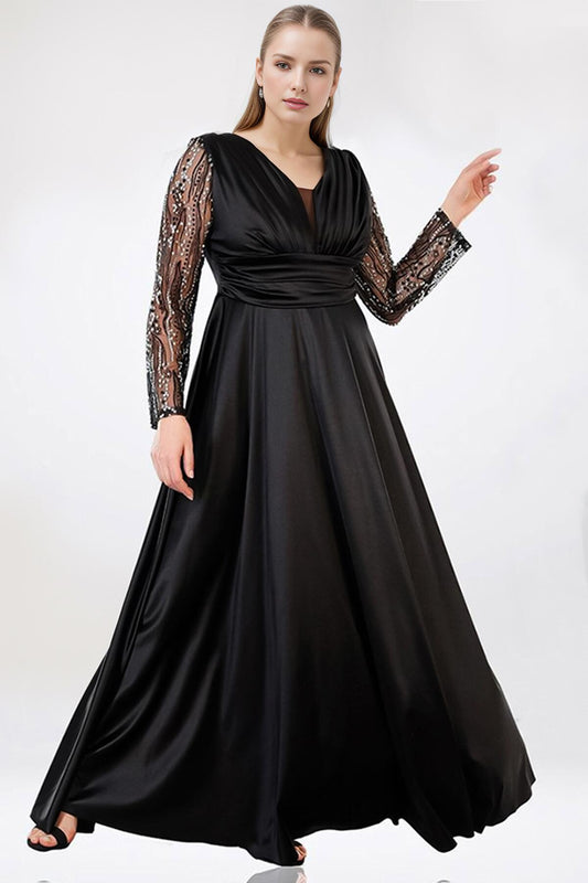 Satin - Abendkleid (Große Größen) – Schwarz