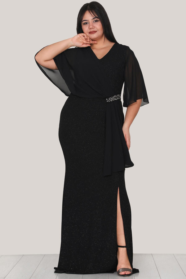 Plus - Size Lange Glitter Avondjurk – Zwart