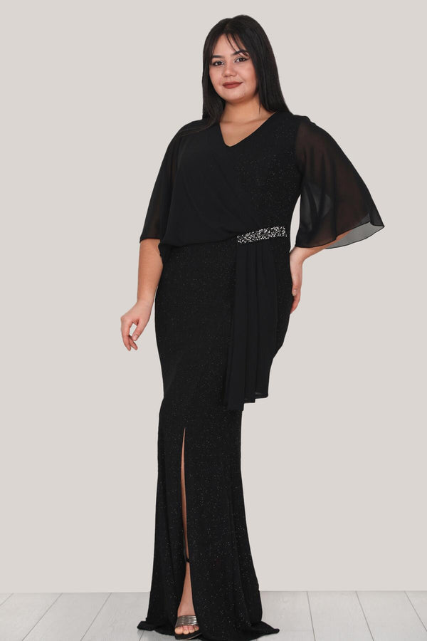 Plus - Size Lange Glitter Avondjurk – Zwart