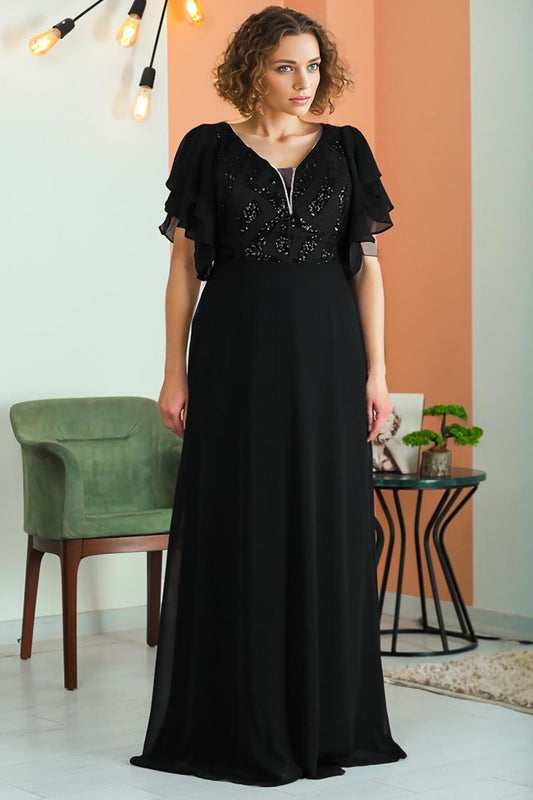 Chiffon - Abendkleid Mit Pailletten – Große Größen, Schwarz