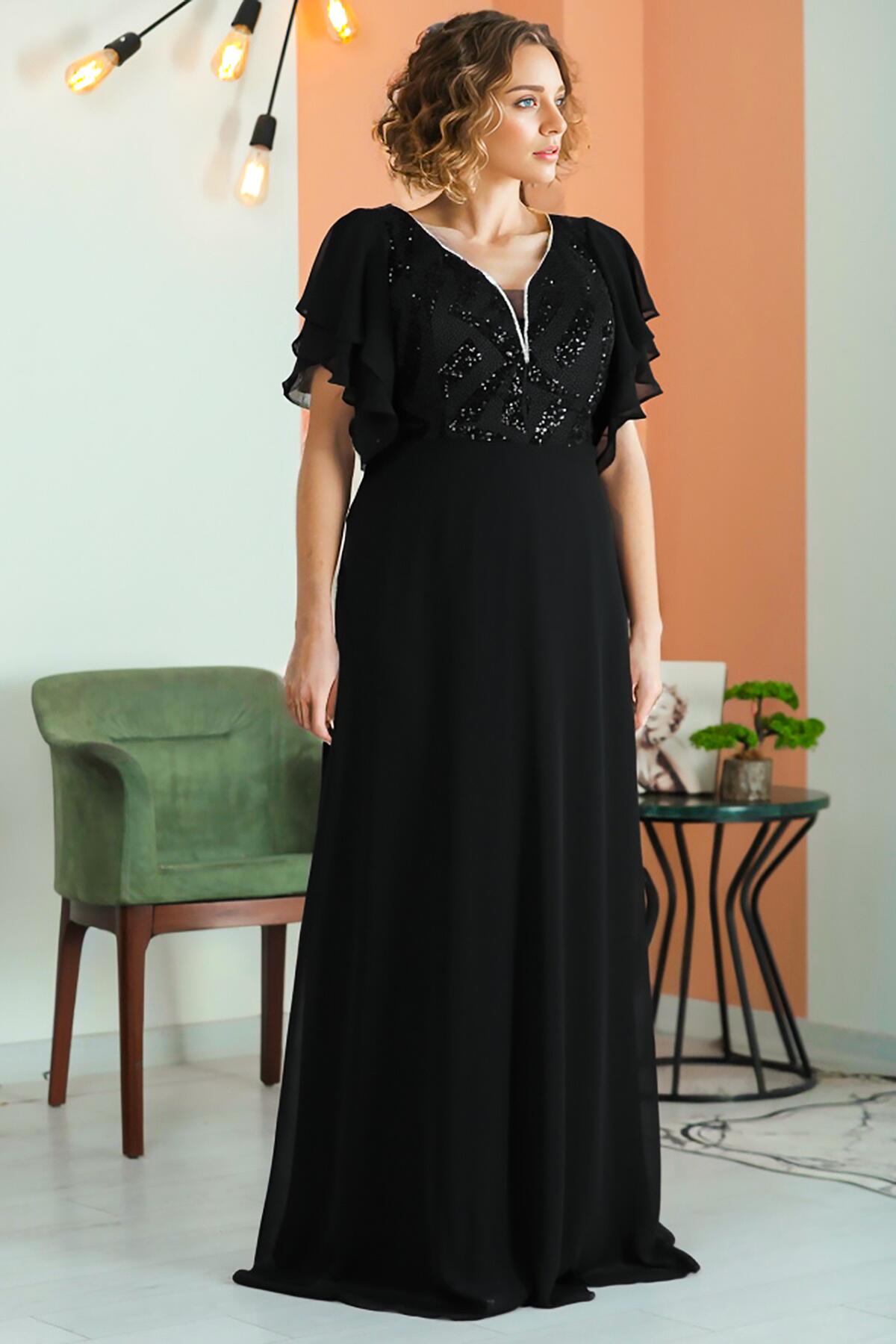 Chiffon - Abendkleid Mit Pailletten – Große Größen, Schwarz