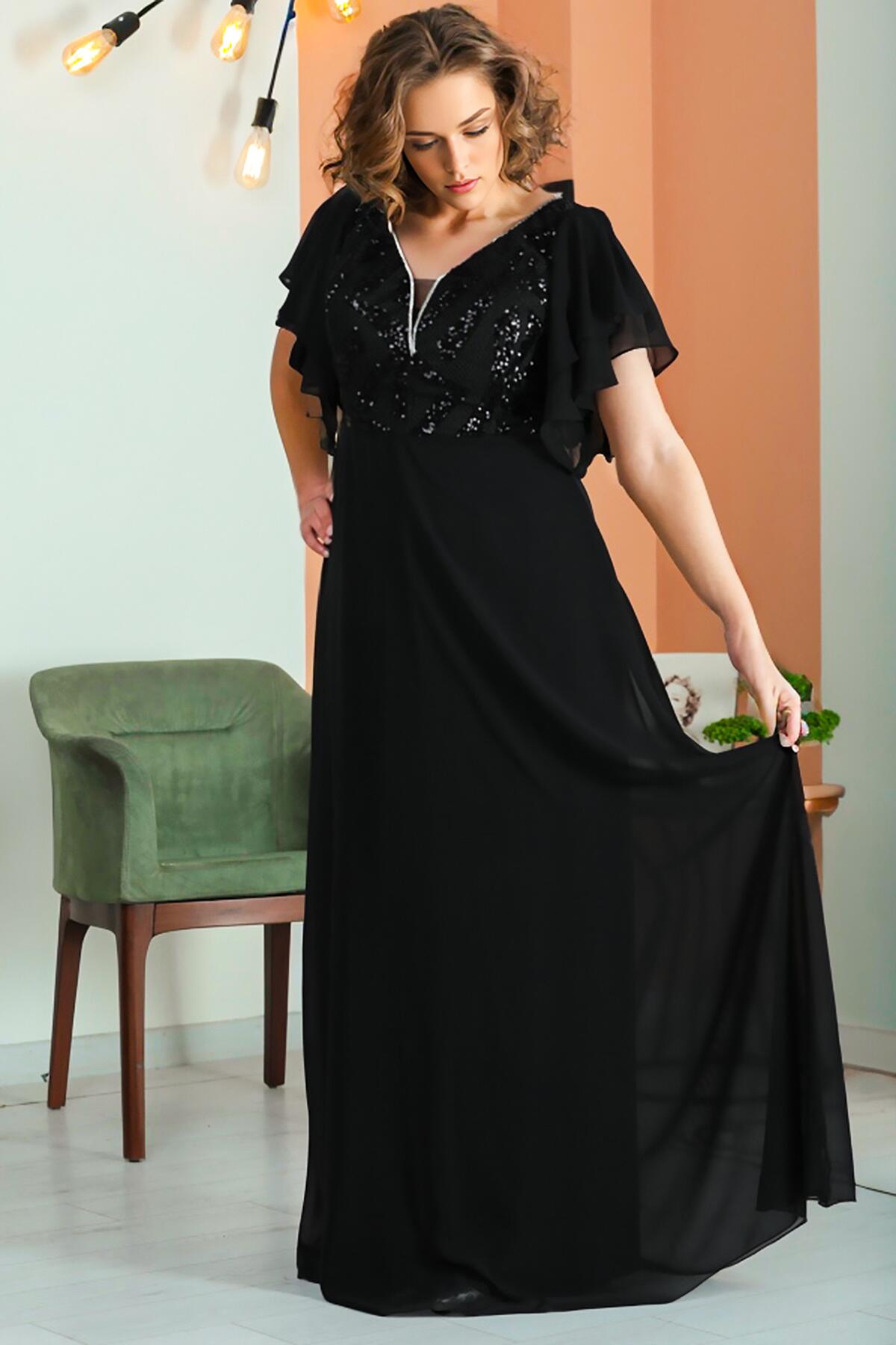 Chiffon - Abendkleid Mit Pailletten – Große Größen, Schwarz