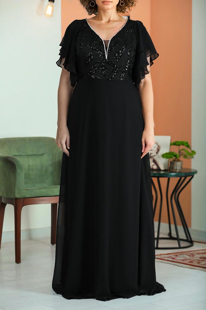 Chiffon - Abendkleid Mit Pailletten – Große Größen, Schwarz