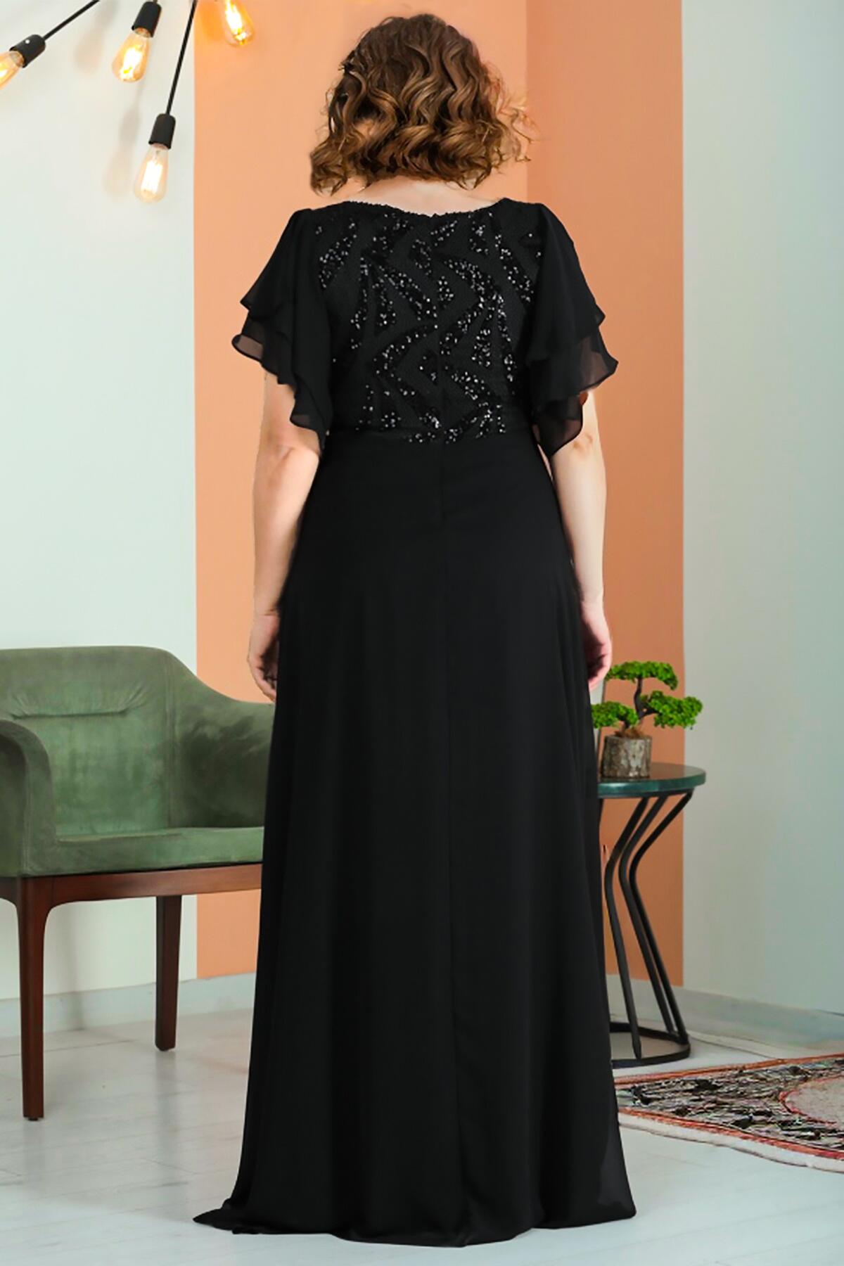 Chiffon - Abendkleid Mit Pailletten – Große Größen, Schwarz