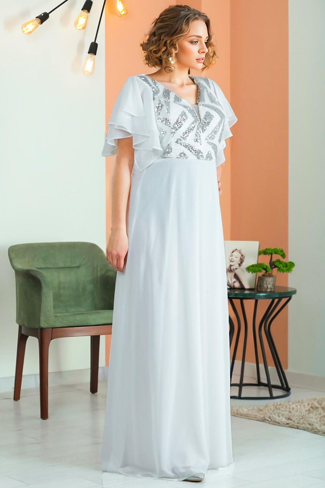 Robe De Soirée En Chiffon Ornée De Sequins — Grande Taille — Écru