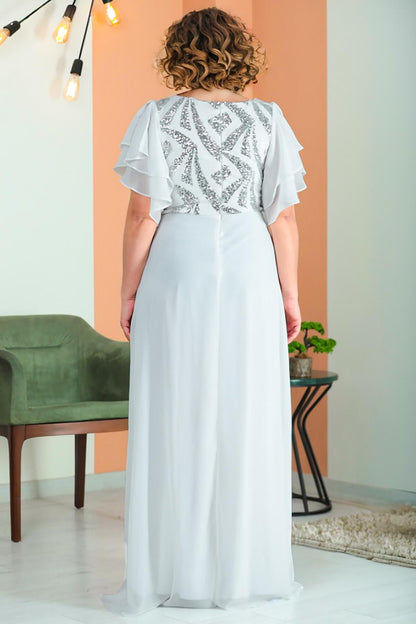 Paillettenbesetztes Chiffon - Abendkleid – Große Größe – Ecru