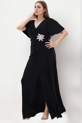 Plus - Size V - Hals Maxi - Jurk Met Glitter — Zwart