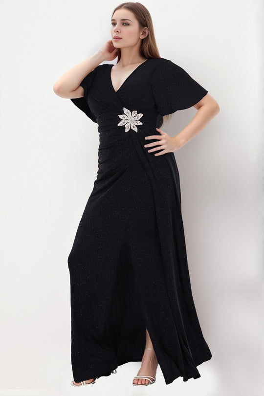 Plus - Size V - Hals Maxi - Jurk Met Glitter — Zwart