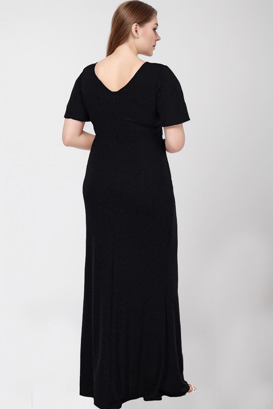 Plus - Size V - Hals Maxi - Jurk Met Glitter — Zwart