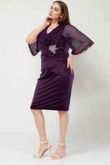 Robe Courte Grande Taille À Encolure V, Sequins Et Pierres - Violet Foncé