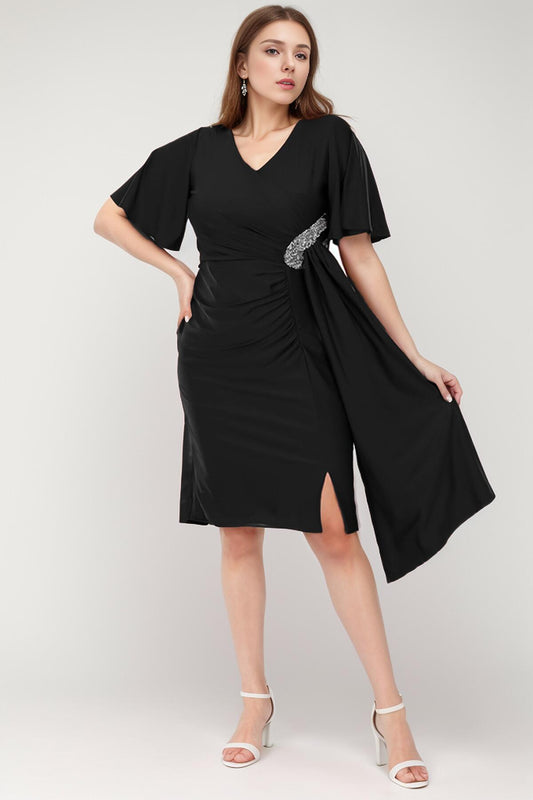 Plus - Size Satin Short Dress With Stone Detail — Black