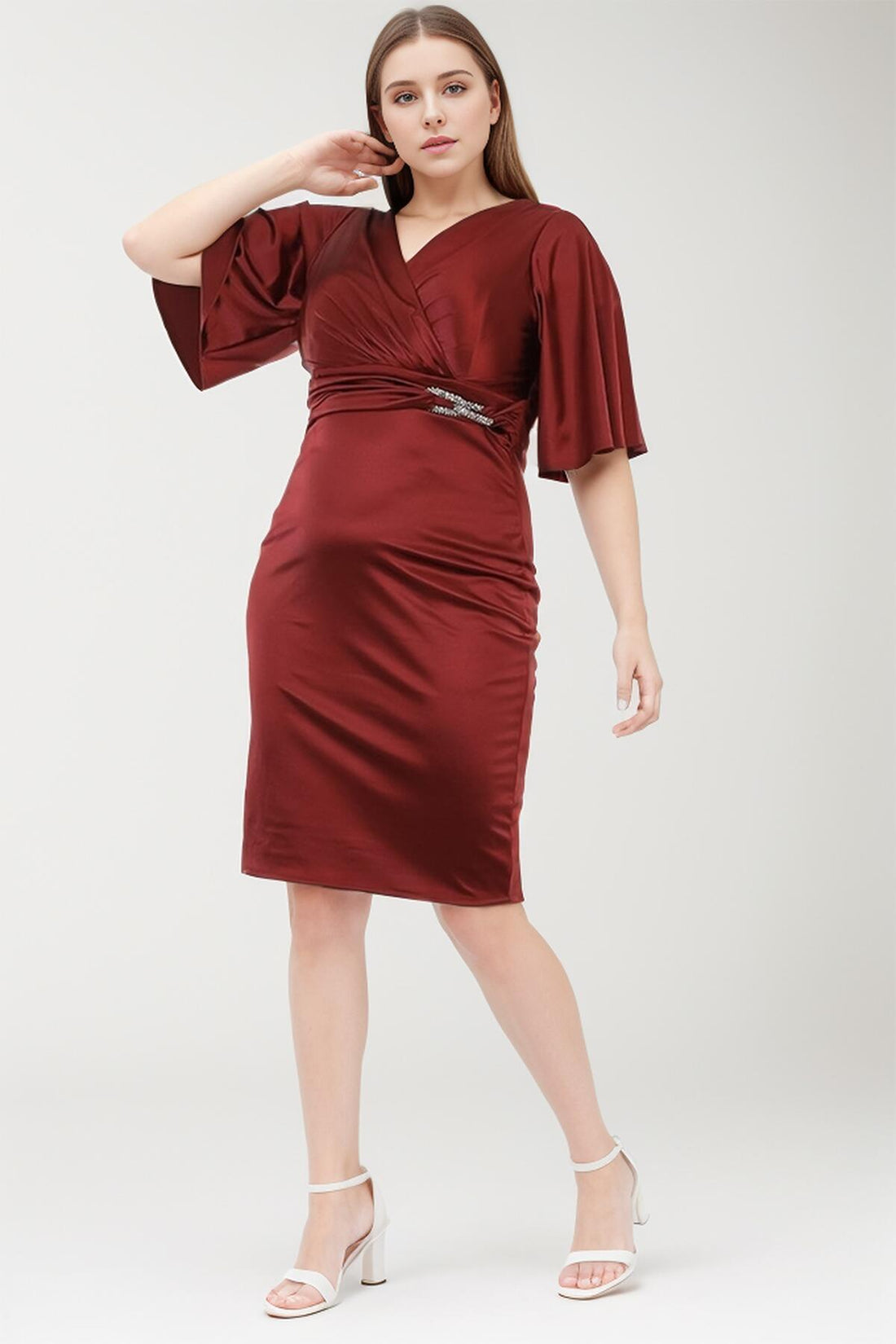 Robe De Soirée Midi En Satin Grande Taille — Bordeaux