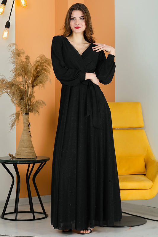 Kadın Simli V Yaka Beli Kuşaklı Abiye 