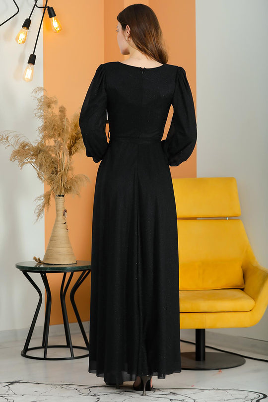 Glinsterende V - Hals Jurk Met Ceintuur — Zwart