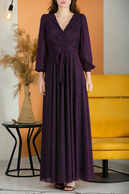 Glitzerndes V‑Ausschnittkleid Mit Gürtel — Dunkelviolett