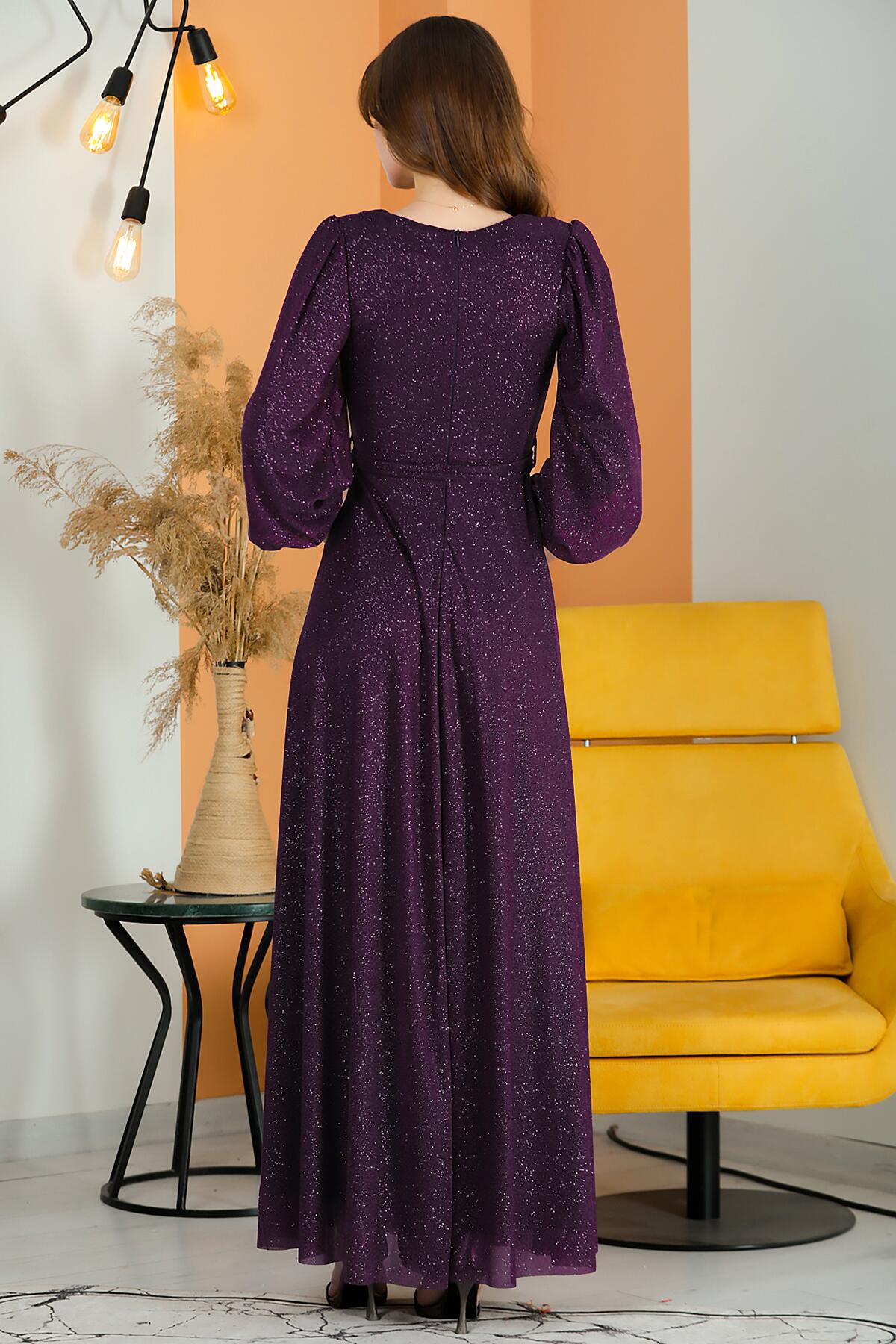 Glitzerndes V‑Ausschnittkleid Mit Gürtel — Dunkelviolett