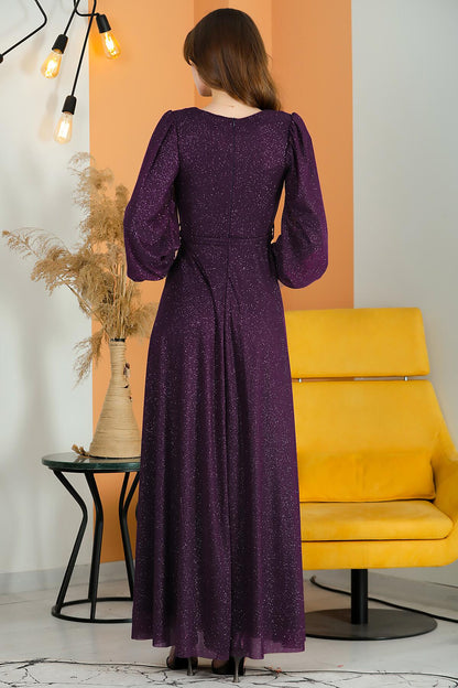 Glitzerndes V‑Ausschnittkleid Mit Gürtel — Dunkelviolett