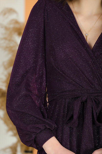 Glitzerndes V‑Ausschnittkleid Mit Gürtel — Dunkelviolett