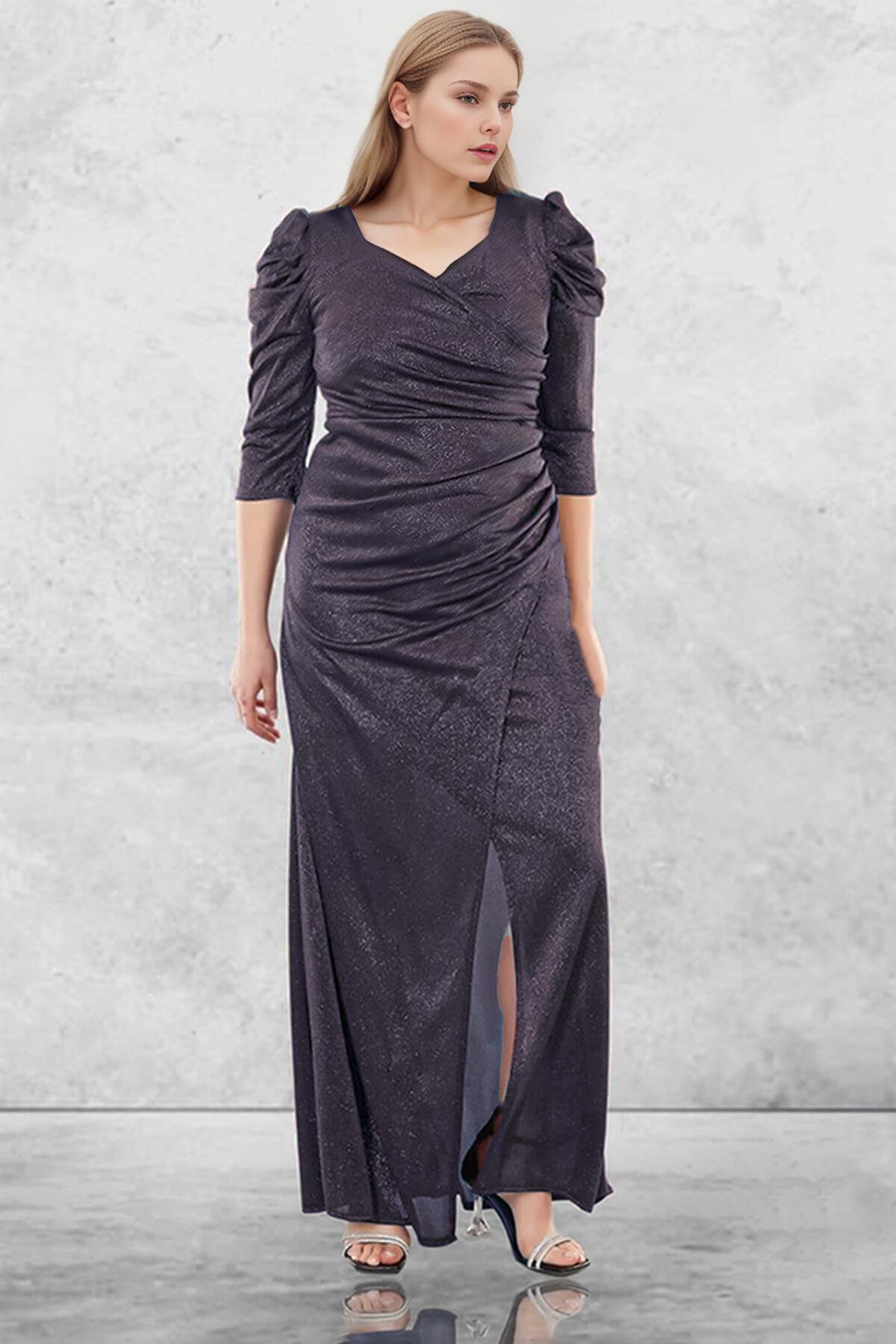 Plus - Size Long Glitter Evening Dress - Purple