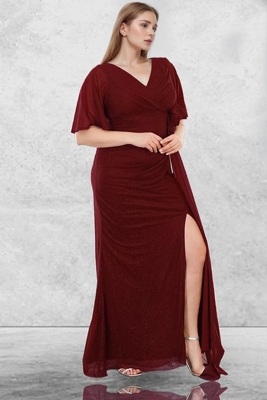 Plus - Size Sparkling Long Evening Gown — Burgundy