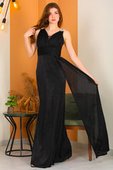 Robe De Soirée Longue Scintillante Avec Détail À L'épaule — Noir