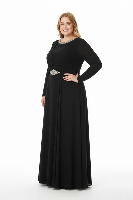 Abendkleid Mit Steinbesatz Und Rundhalsausschnitt – Schwarz