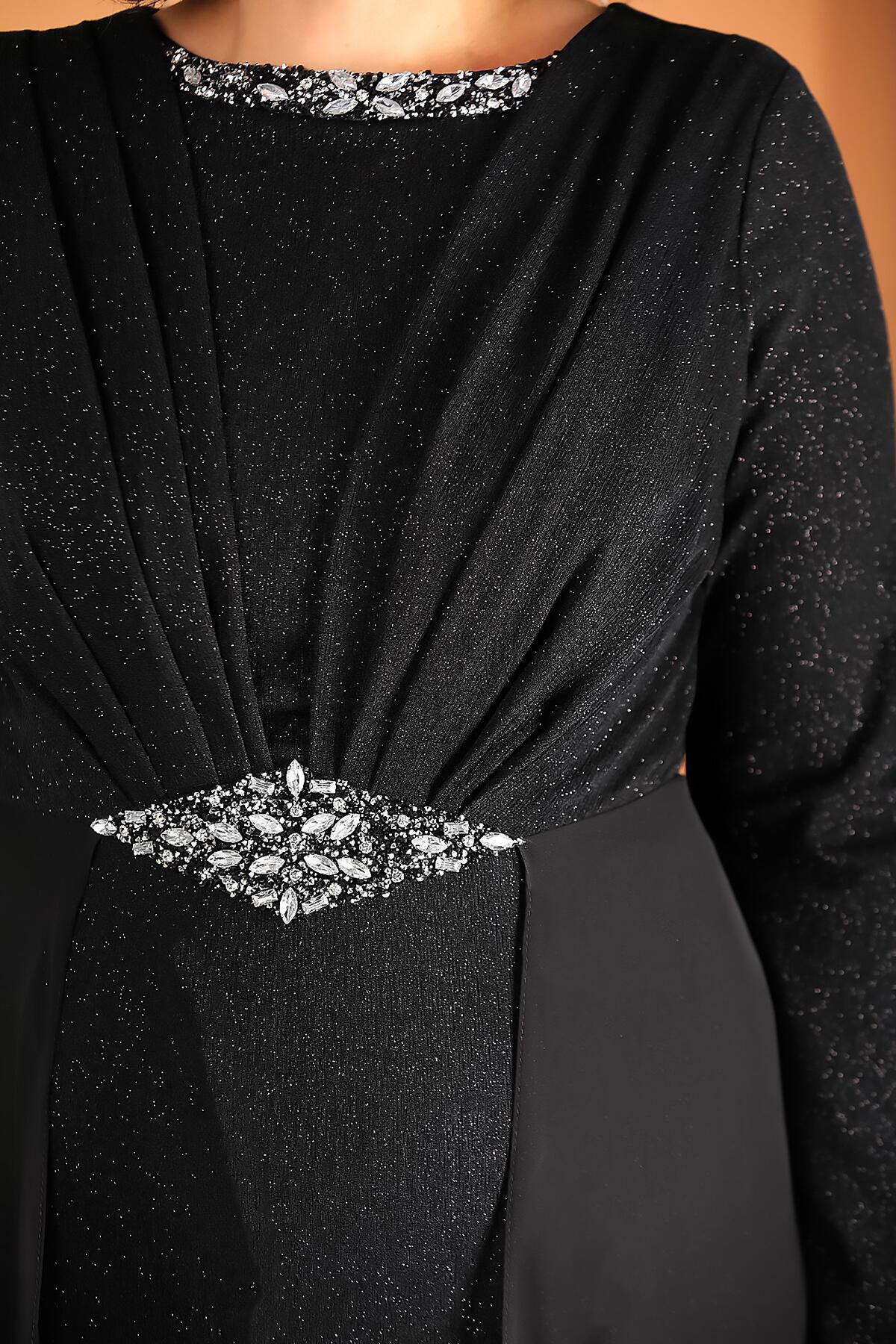 Büyük Beden Bisiklet Yaka Taşlı Abiye 