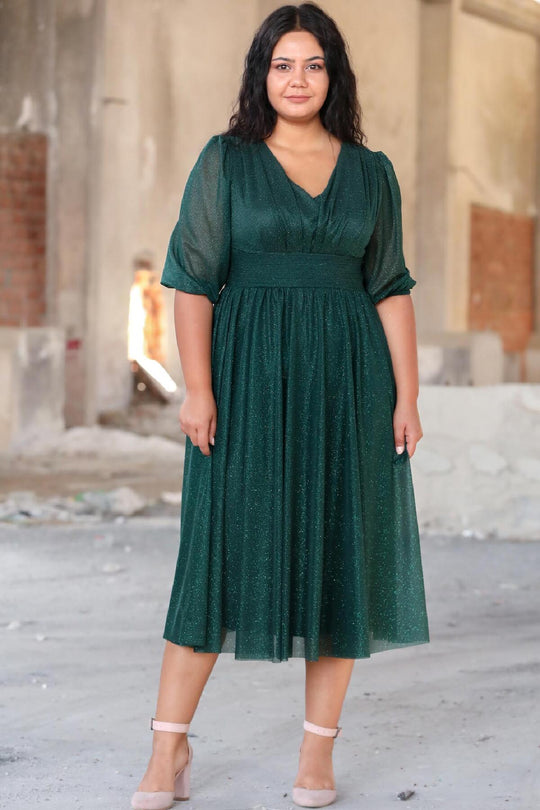 Plus - Size Avondjurk Met Geplooide Taille — Groen