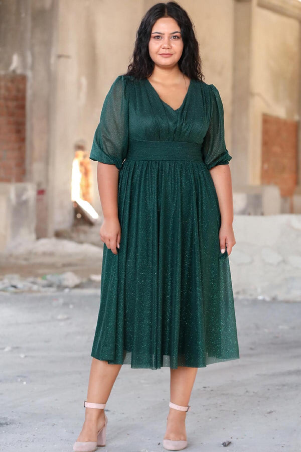 Plus - Size Avondjurk Met Geplooide Taille — Groen
