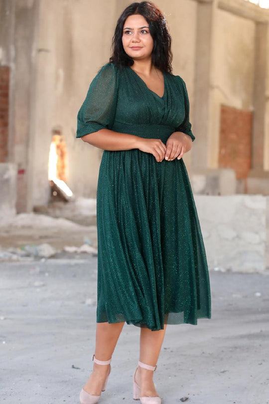 Plus - Size Avondjurk Met Geplooide Taille — Groen
