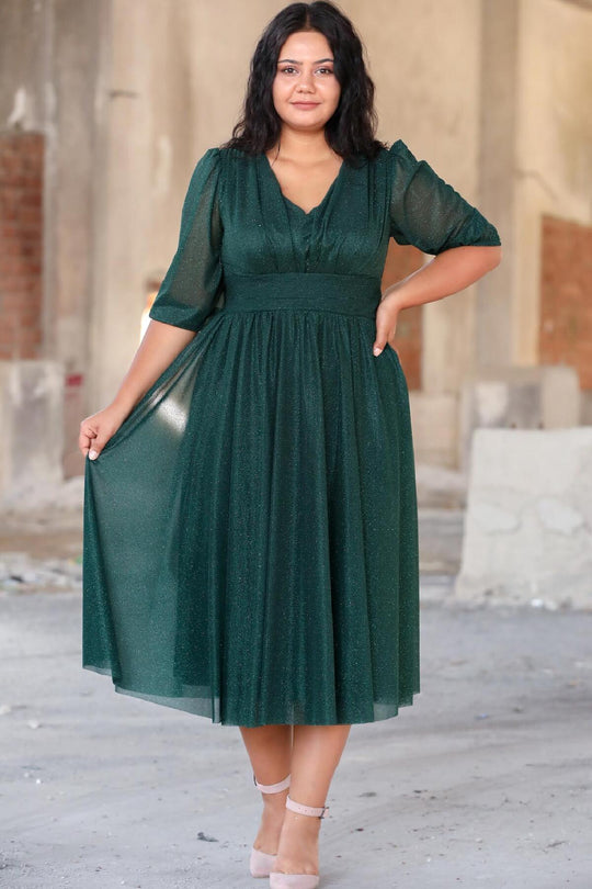 Plus - Size Avondjurk Met Geplooide Taille — Groen