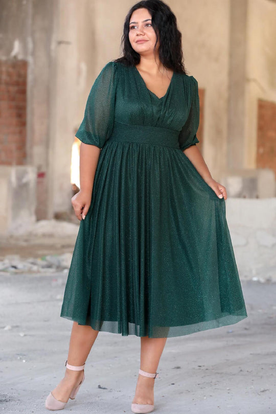 Plus - Size Avondjurk Met Geplooide Taille — Groen