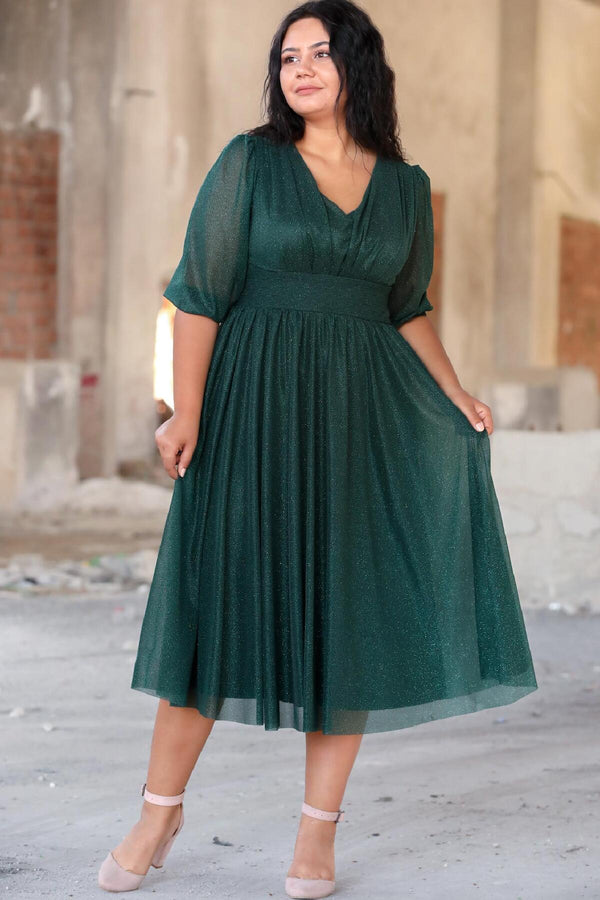 Plus - Size Avondjurk Met Geplooide Taille — Groen