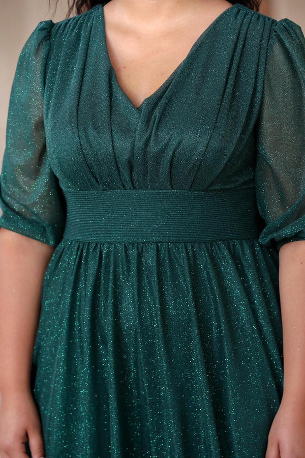 Plus - Size Avondjurk Met Geplooide Taille — Groen