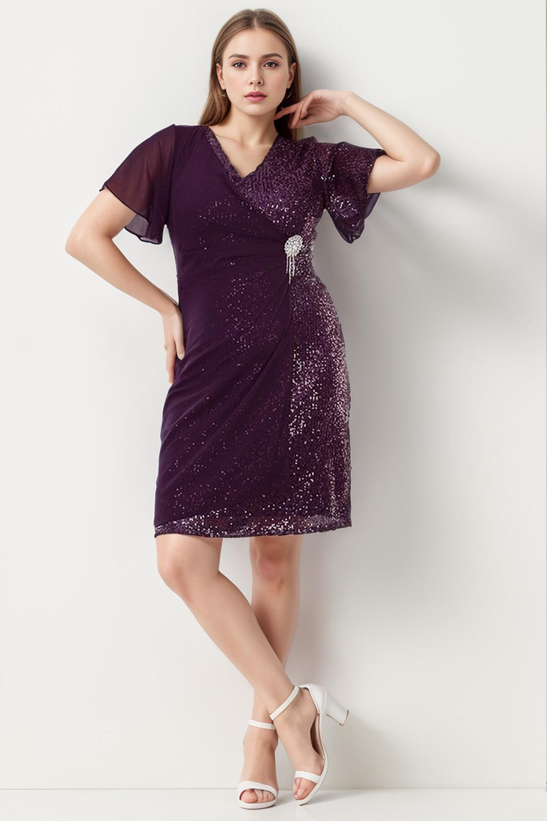 Robe De Soirée Midi Grande Taille Avec Broche À La Taille — Violet Foncé