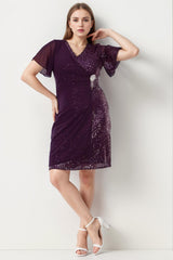 Robe De Soirée Midi Grande Taille Avec Broche À La Taille — Violet Foncé